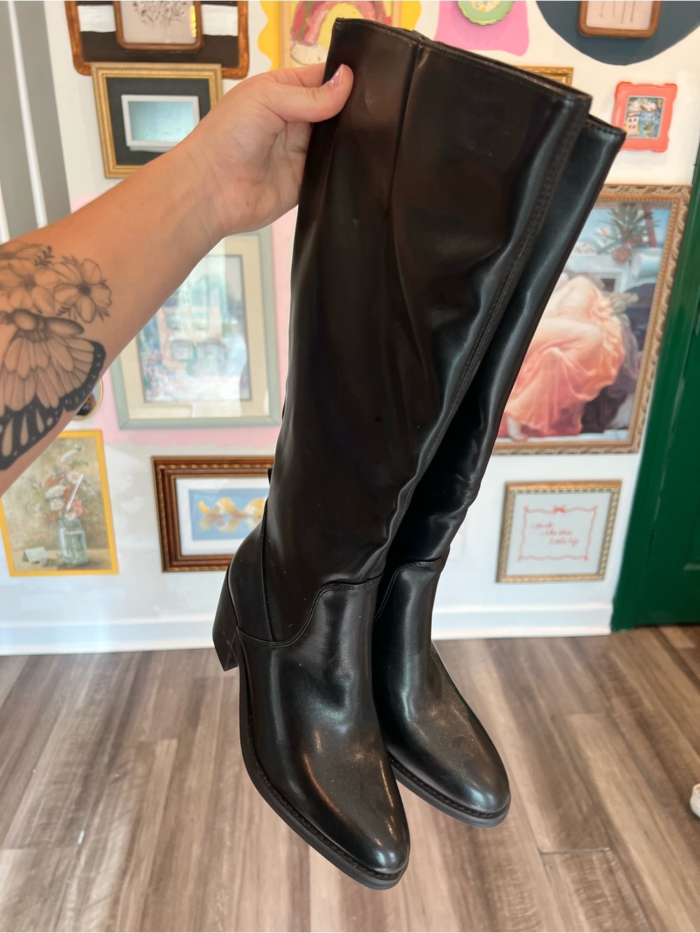 Women's Black Knee-High Heeled Boots — Classic Block Heel Riding Style - Picture 2 of 7